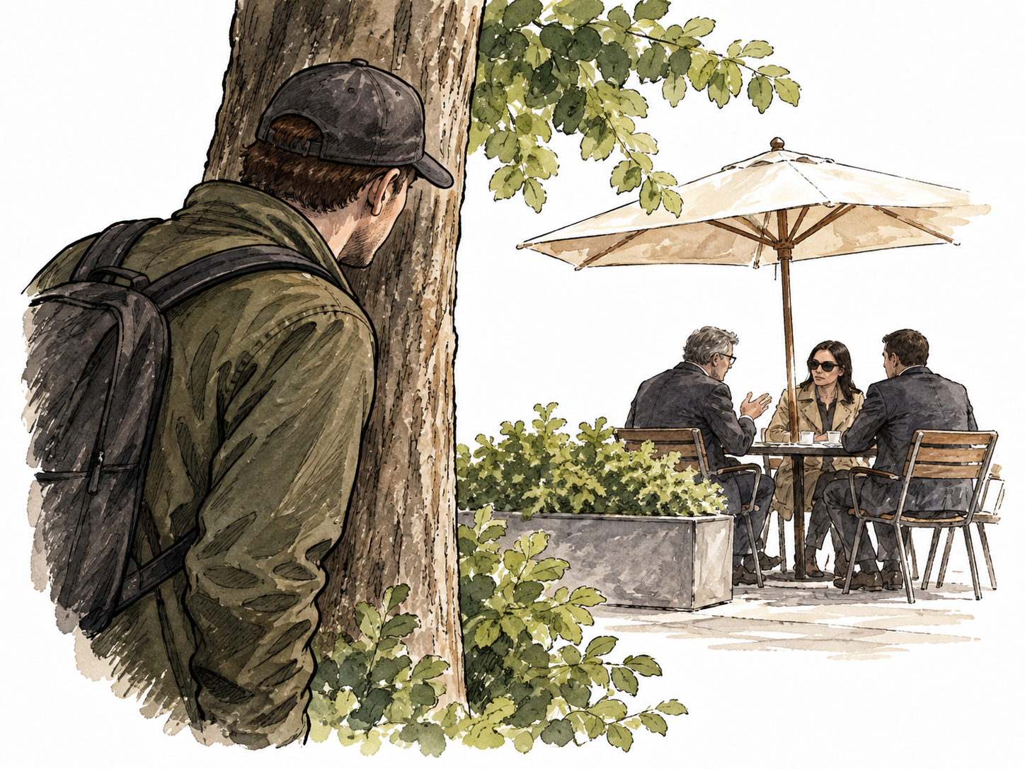 Plainclothes operative discreetly observes a meeting from a distance, no weapons.