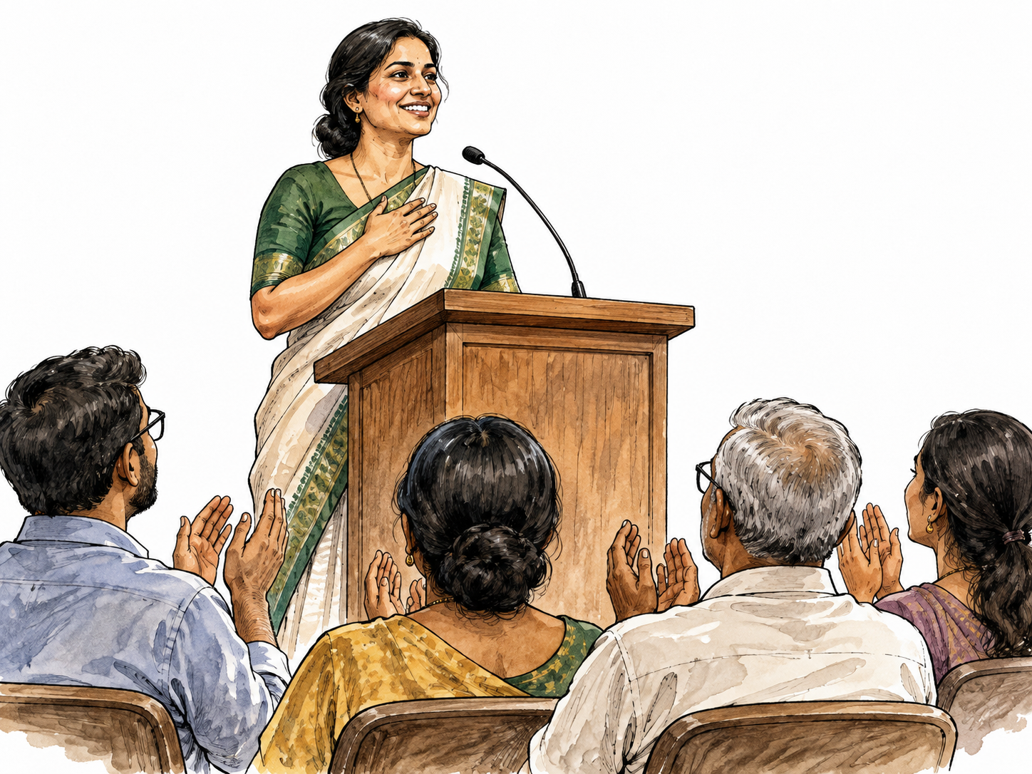 A South Asian woman elected head of an association standing at a podium before applauding members, no actual politician likeness.