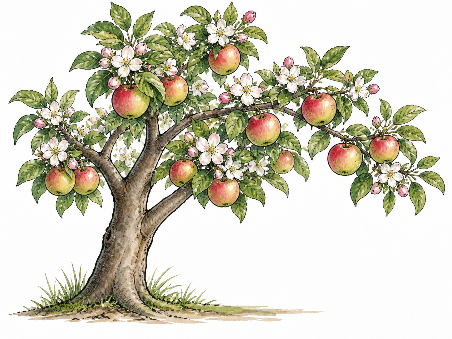 Blossoming fruit tree with many developing fruits, abundant reproductive growth.