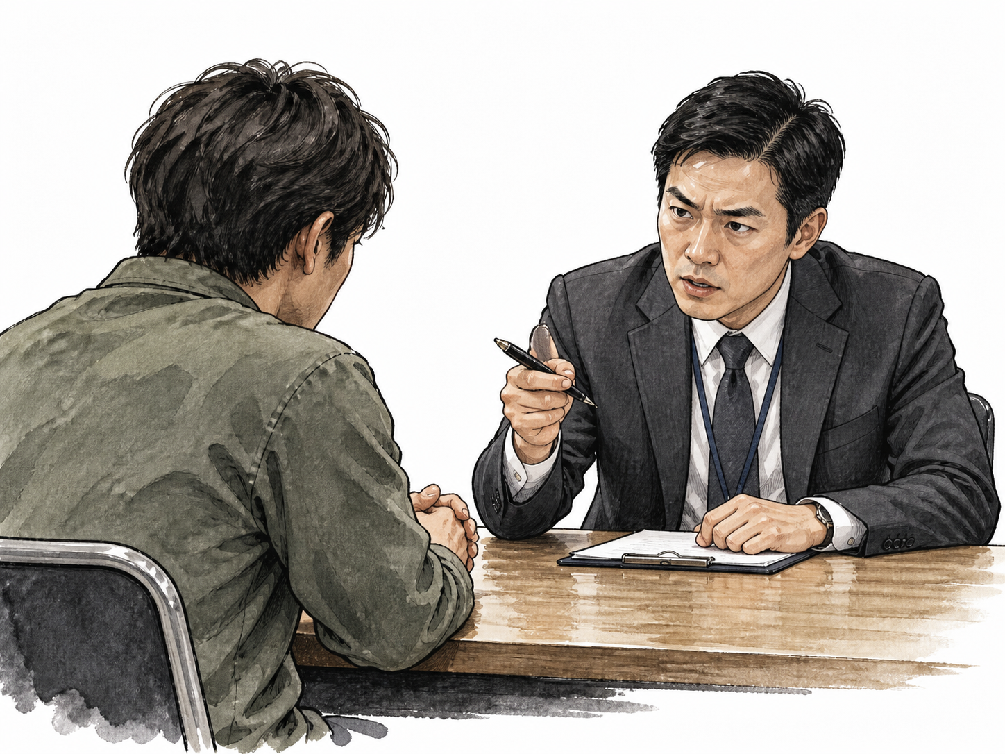 East Asian investigator seriously questions seated adult across table.