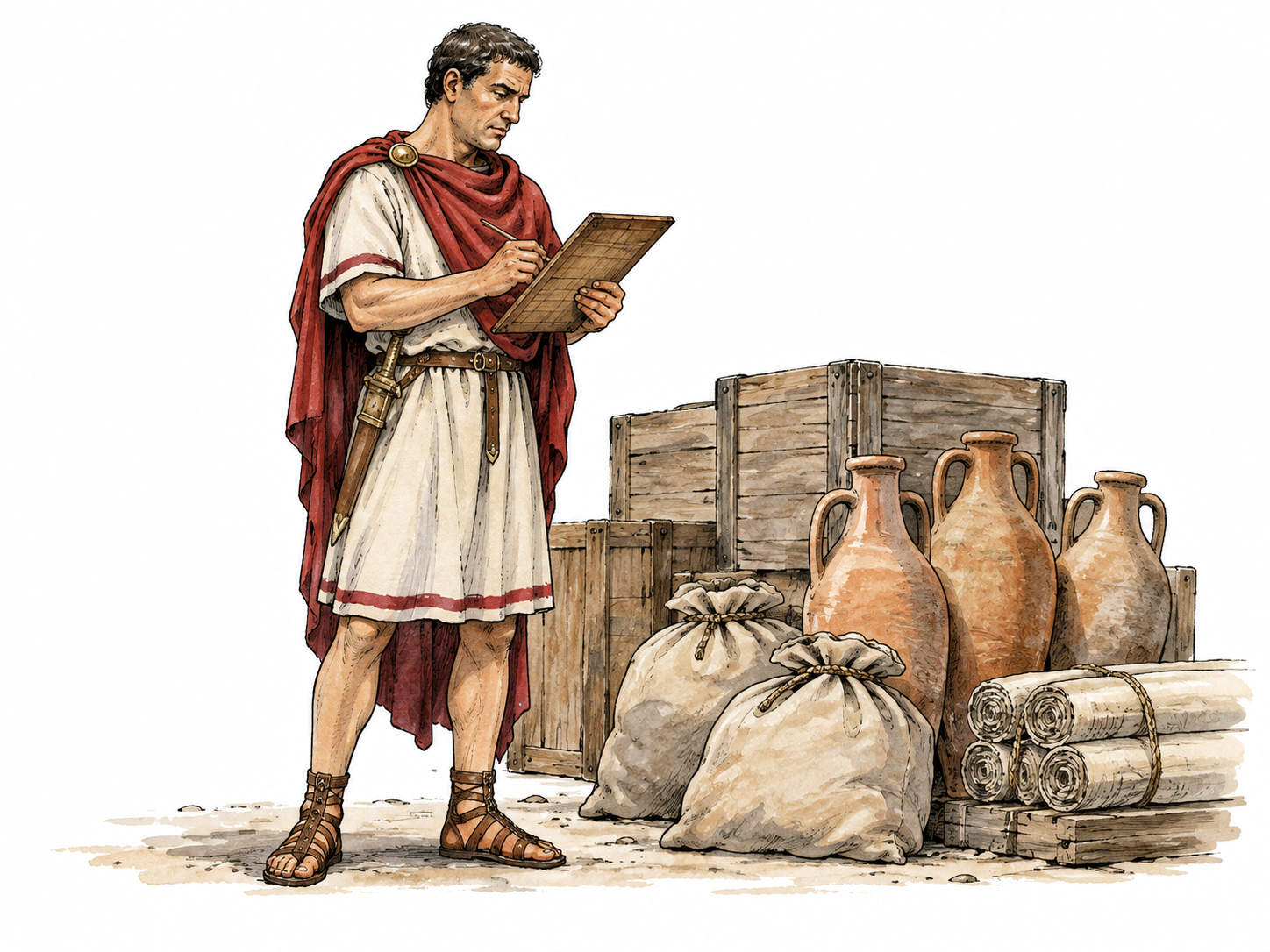 Roman procurator checks an account tablet beside ordered goods.