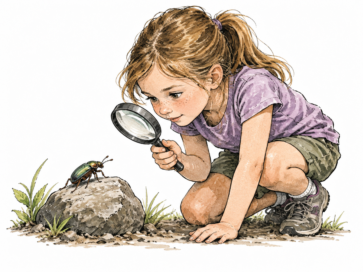 White girl studies a beetle with magnifying glass, absorbed in discovery.