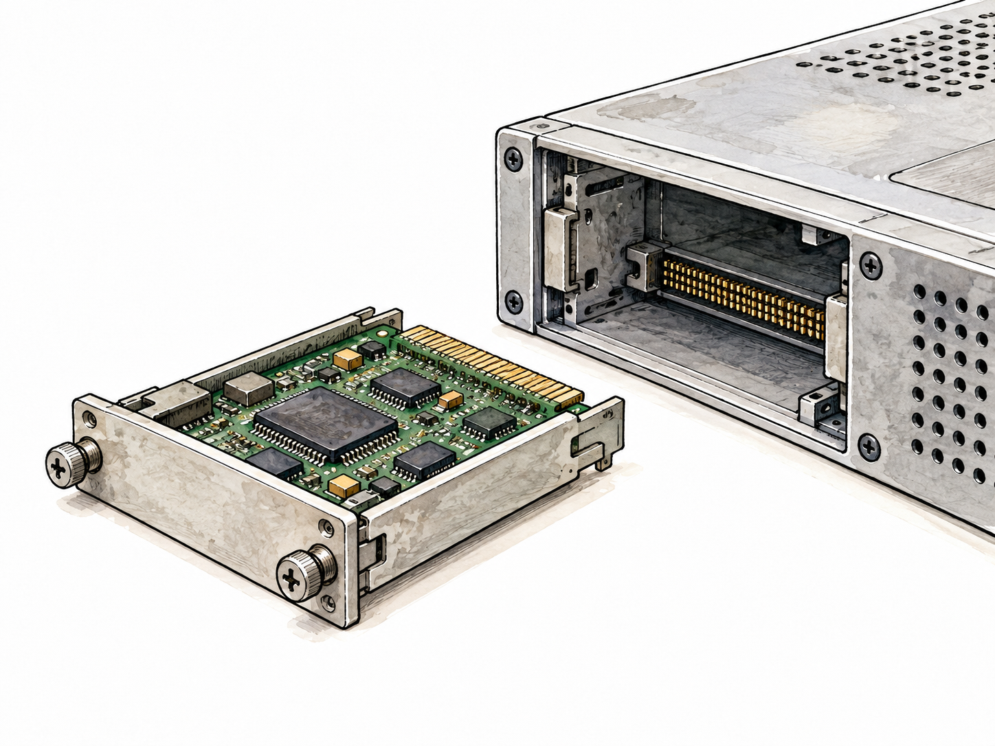 A single removable circuit module beside the larger device with an exactly matching open bay, no labels.