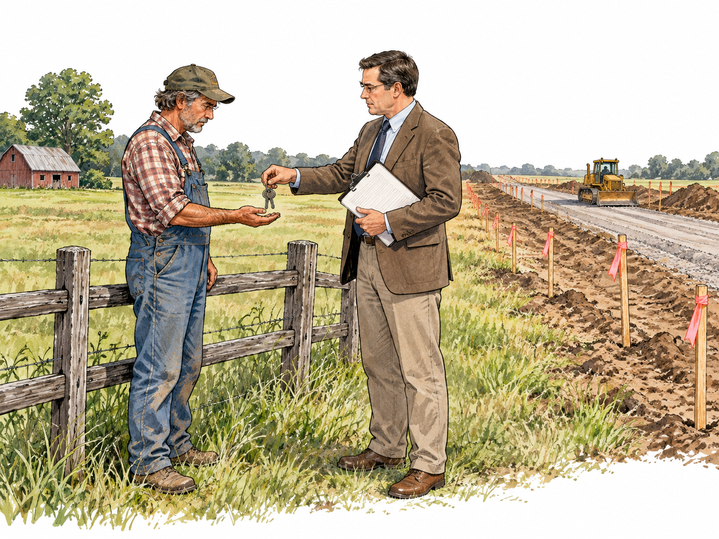 A government planner and a farmer standing by a farm fence beside stakes outlining a new public roadway across private land, official document and keys transferred, no logos/text.