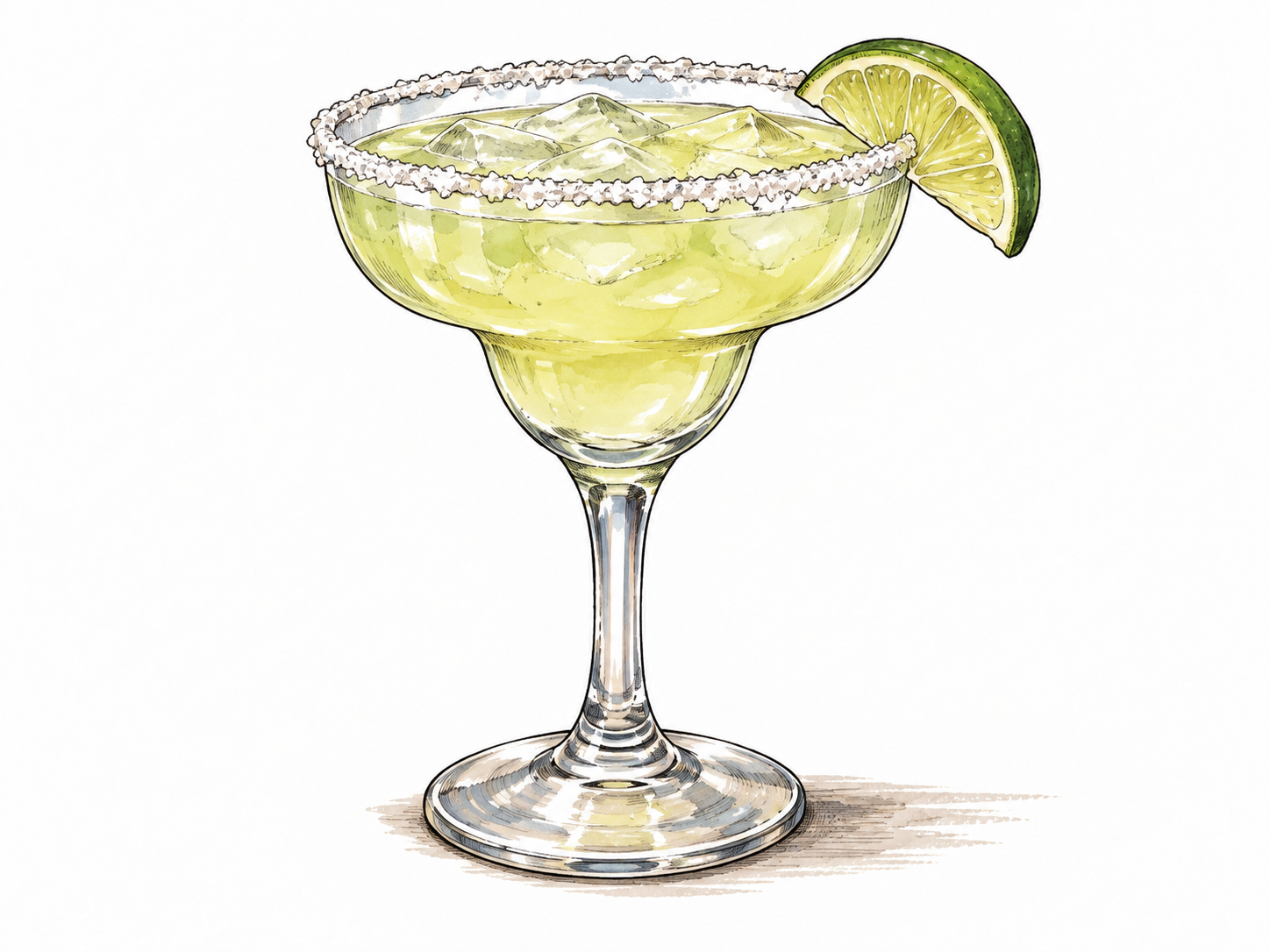 A margarita cocktail in a stemmed glass with salted rim and lime wedge.