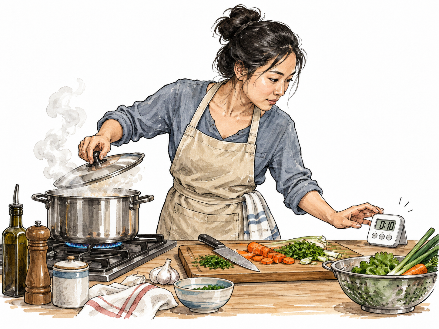 An East Asian woman occupied with cooking, checking a pot while preparing vegetables and watching a timer, realistic manageable busy scene.