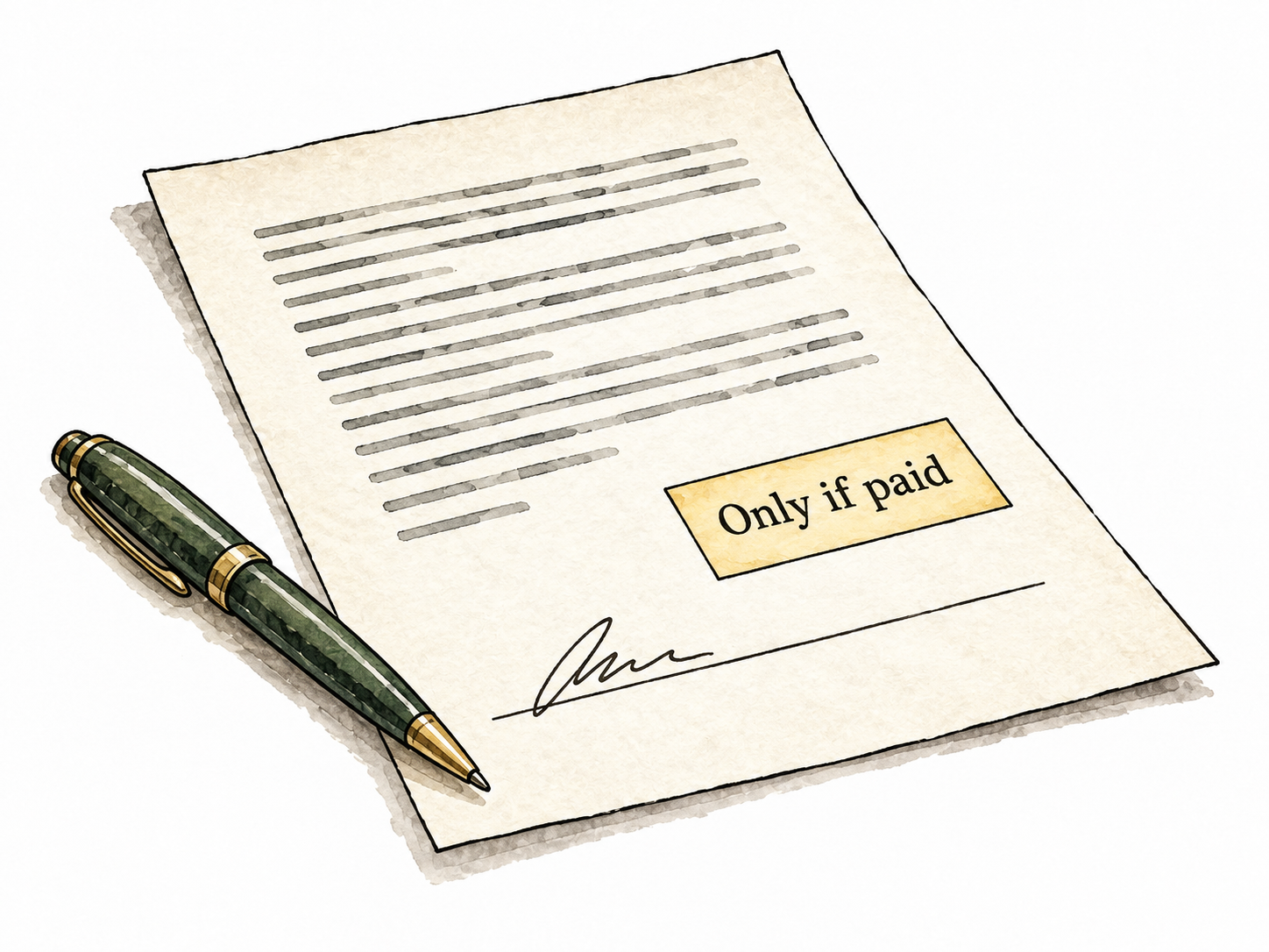 Agreement paper with one clearly separated small condition box; exact text 'Only if paid'.