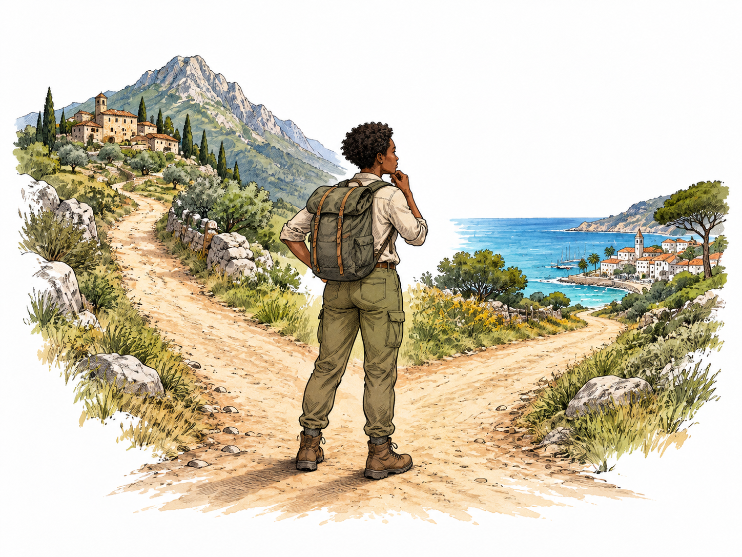 A Black traveler paused thoughtfully where a path divides toward a mountain village and coastal town, meaningful choice.