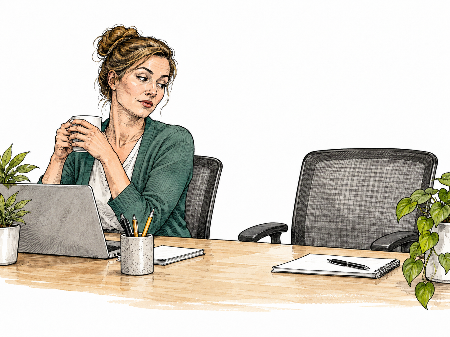 Coworker indirectly hints suspicion with pointed glance toward missing purse.