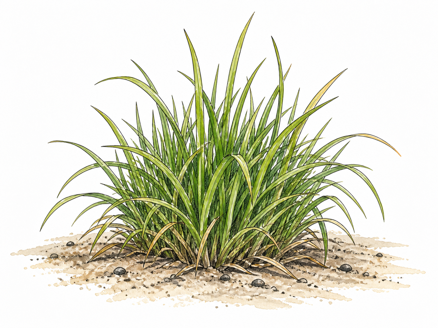 A dense clump of grass grows as one tuft in sandy soil.