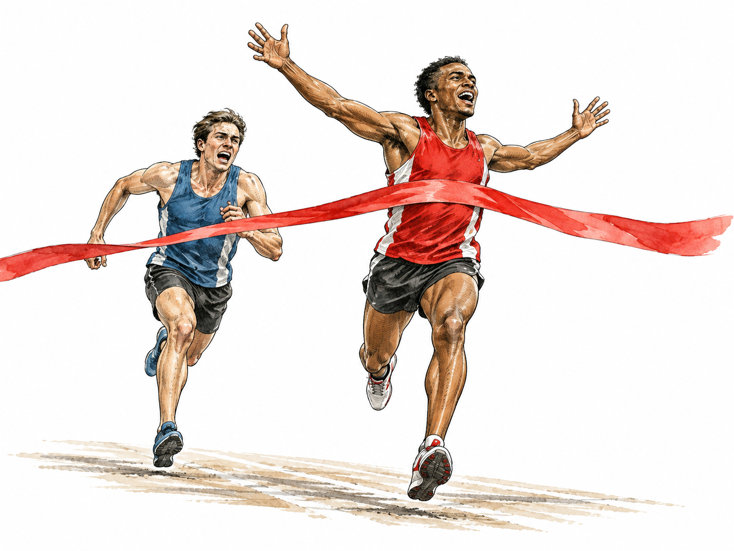 Two runners sprint toward finish ribbon.