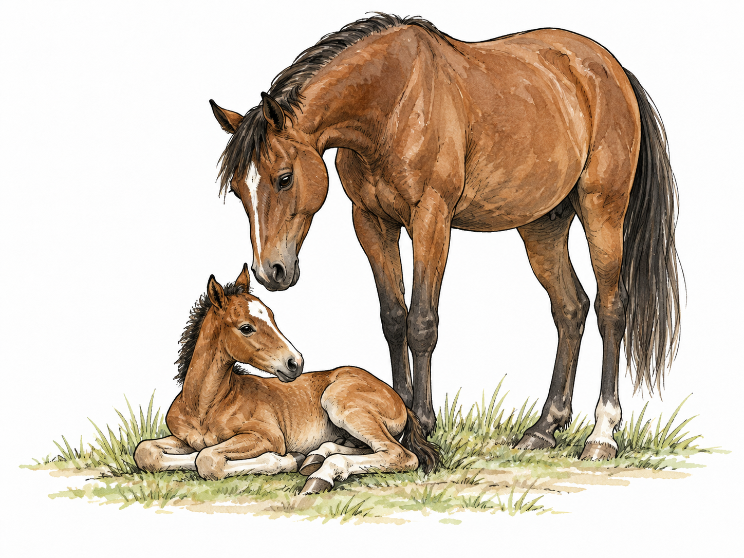 A small long-legged foal rests beside its mother.