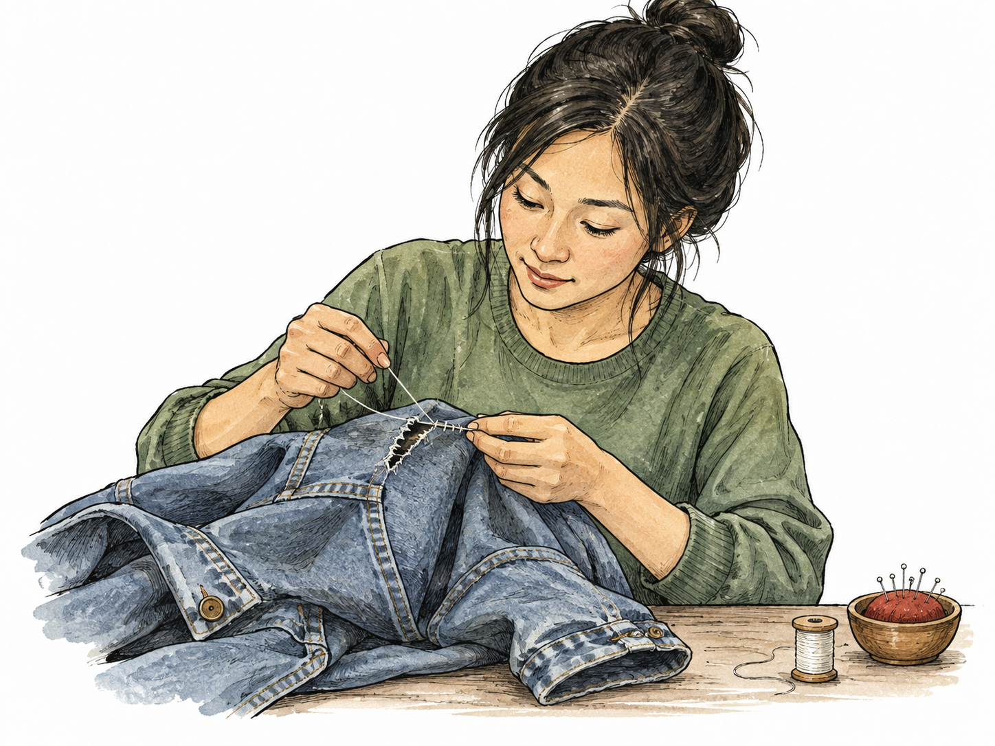 East Asian woman stitches a tear closed in a denim jacket.