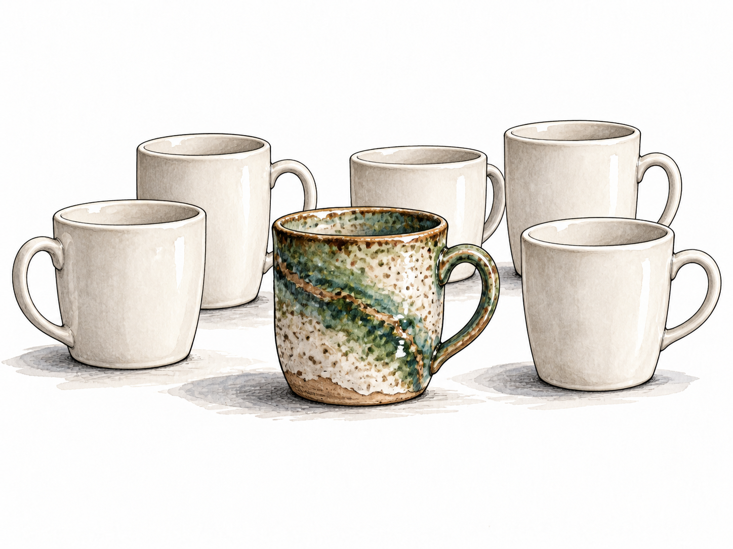 One uniquely patterned handmade cup among ordinary plain cups.