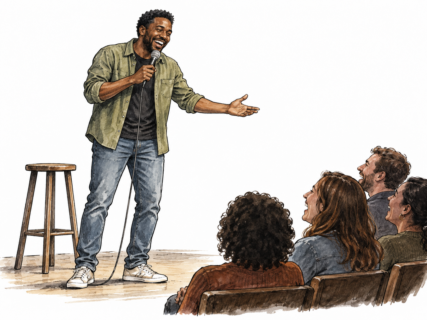A Black male comedian performs with a microphone before a small laughing audience.