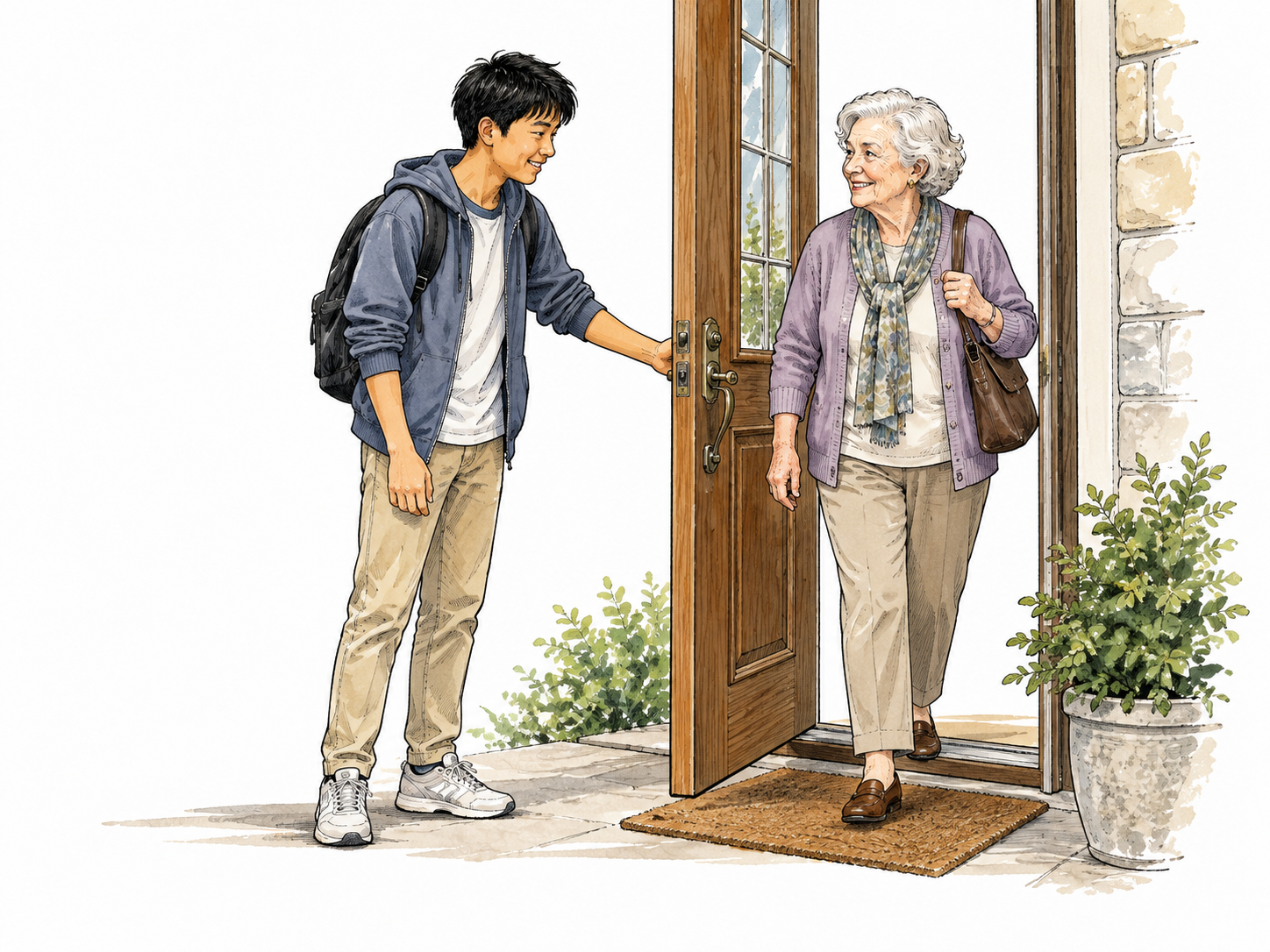 An East Asian teenager politely holds a door for an older white neighbor.