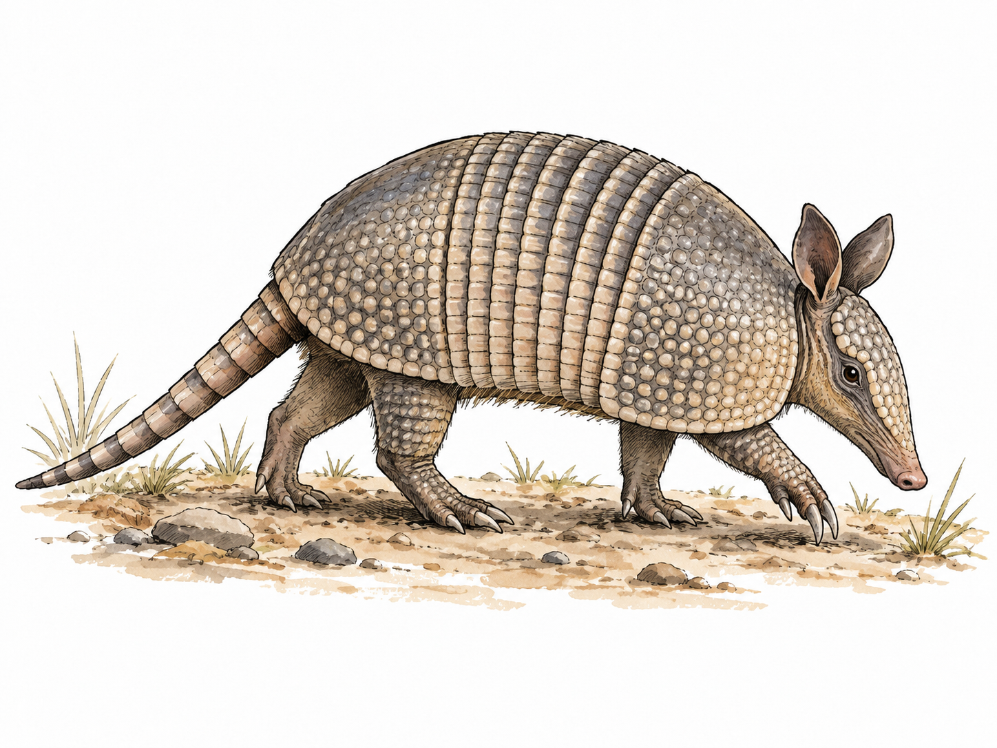 Realistic nine-banded armadillo walking on dry ground.