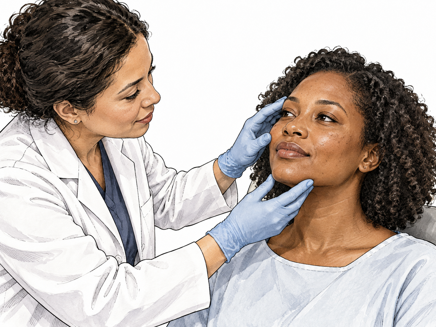 Dermatologist gently examines Black woman's facial skin.