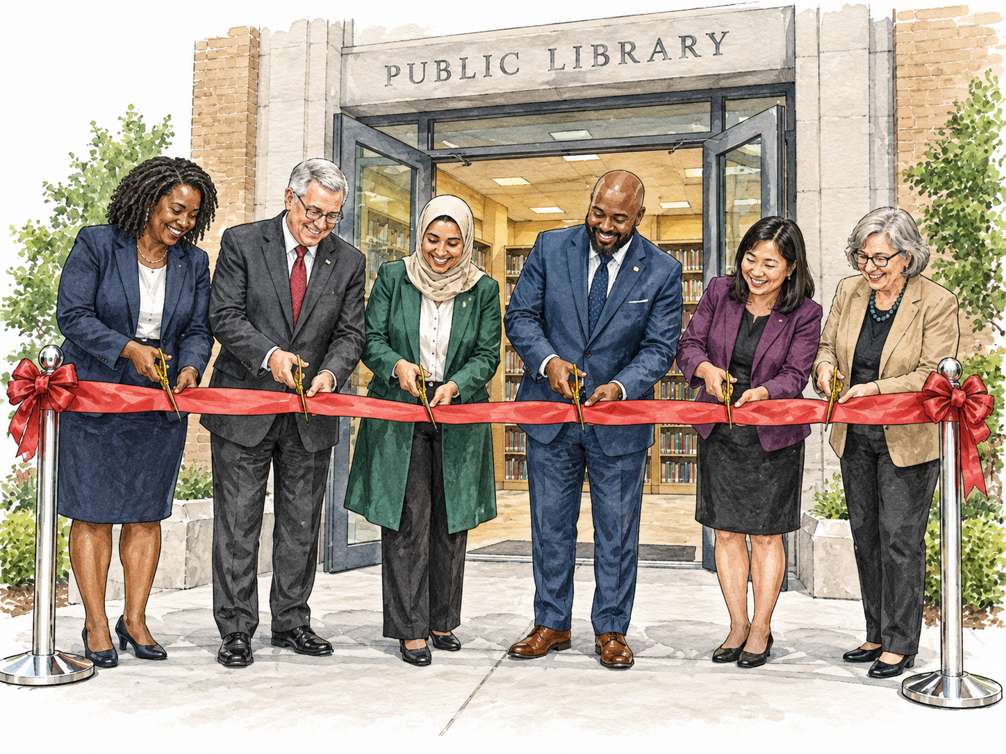 Diverse officials cut ribbon to open public library.