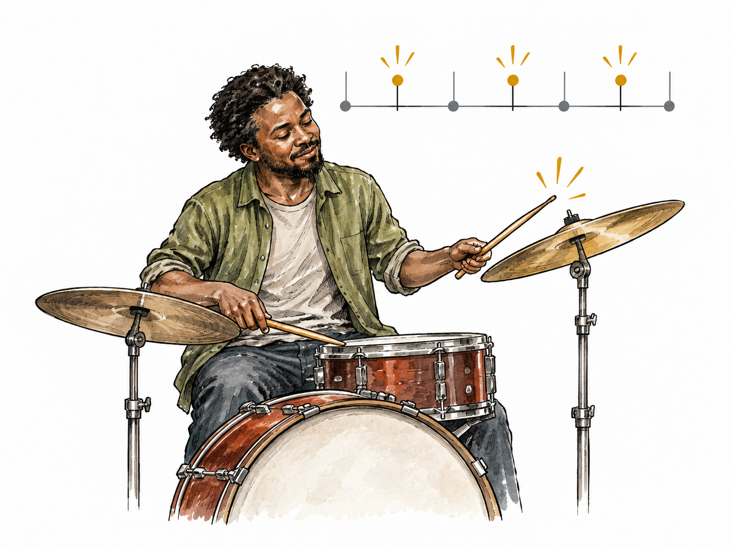 Black drummer emphasizes an offbeat shown by sparse accurate beat marks.