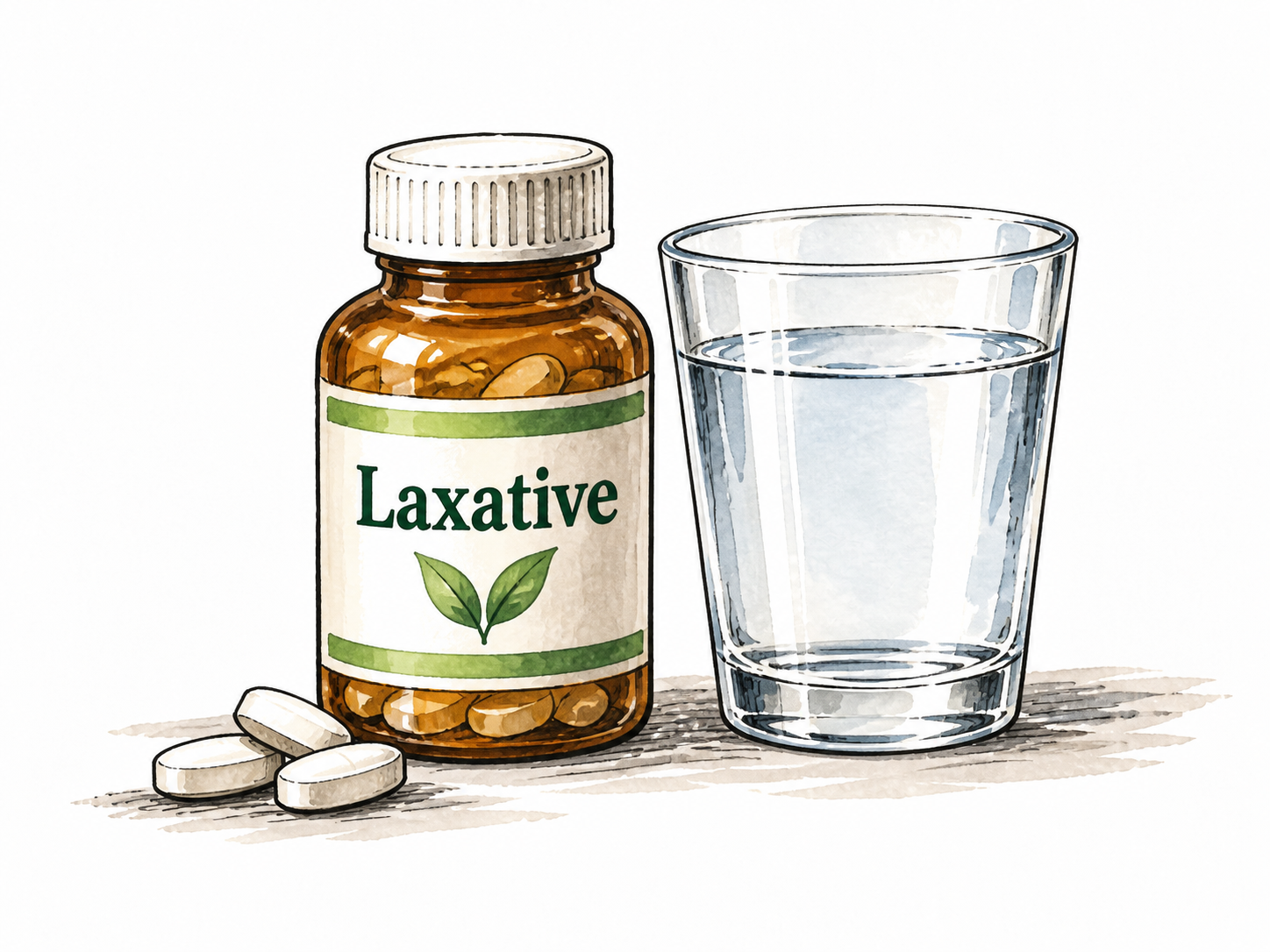 A medicine bottle clearly labeled 'Laxative' beside a glass of water, non-graphic.