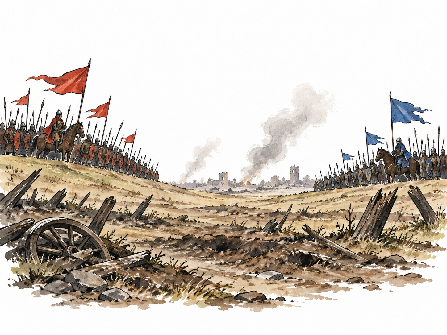 Two opposing armies at a distance across damaged terrain, sober cost of armed conflict, no injury detail.