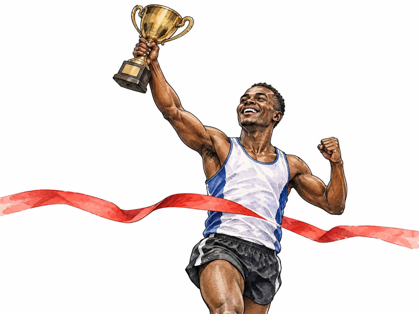 A Black athlete beams while raising a trophy after a race.