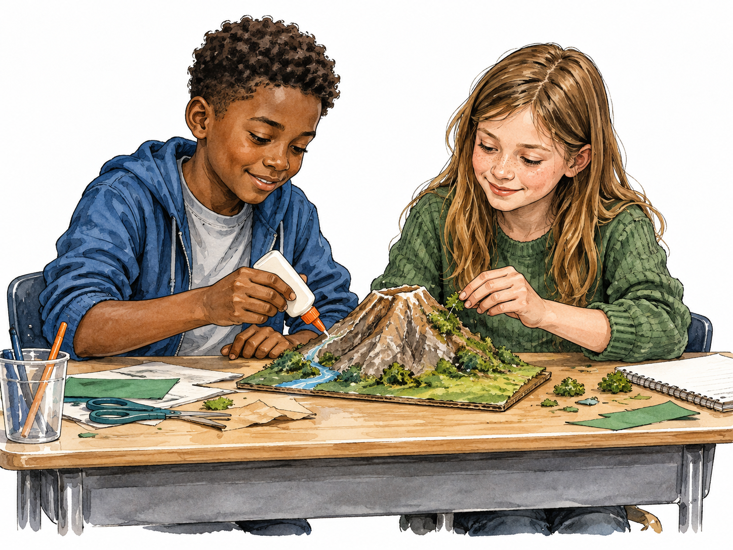 Two school-age friends, one Black boy and one white girl, working as equals on the same class project at a shared desk.