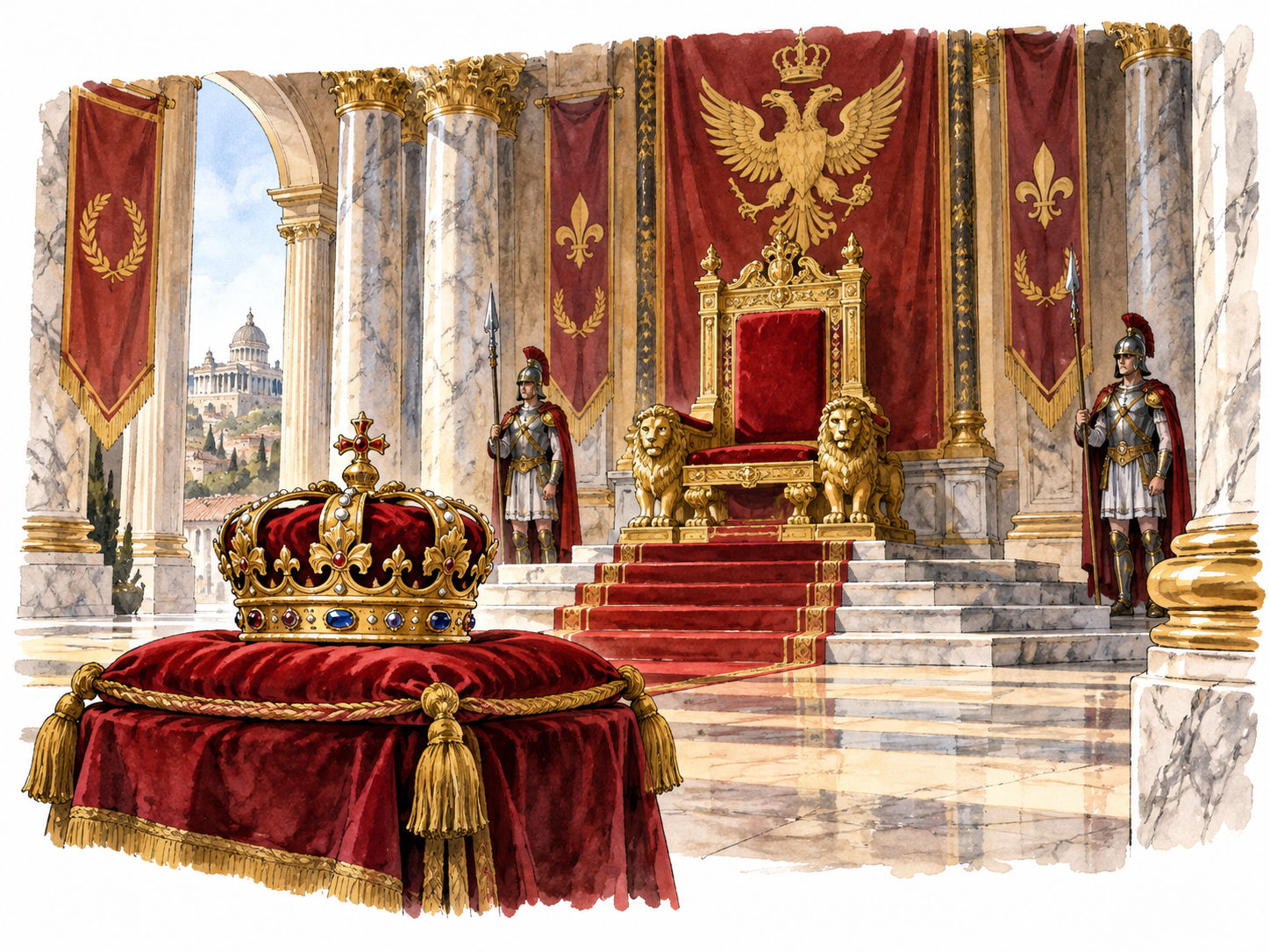 A grand imperial palace hall with a throne, formal columns and a crown on a cushion, empire-related authority.