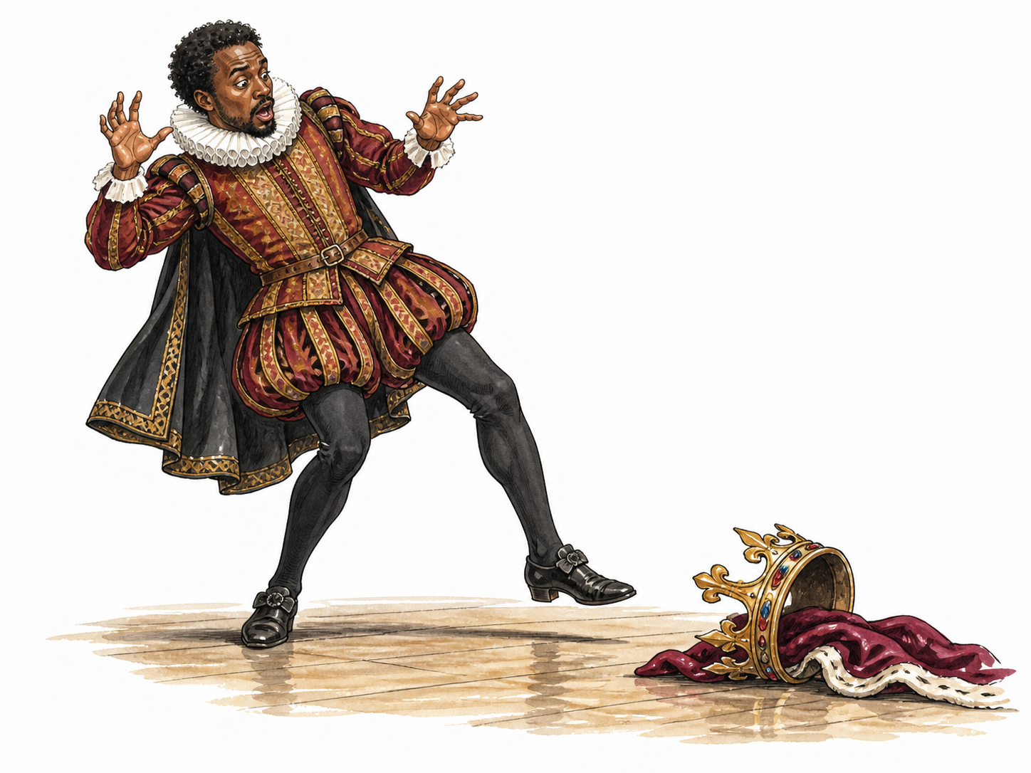 An Elizabethan Black actor recoils in theatrical surprise at a fallen stage prop.