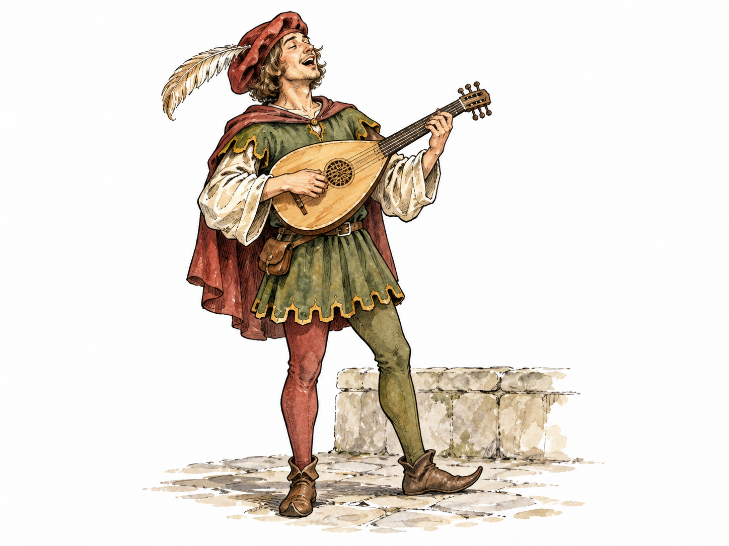 A medieval minstrel sings while playing a small lute.
