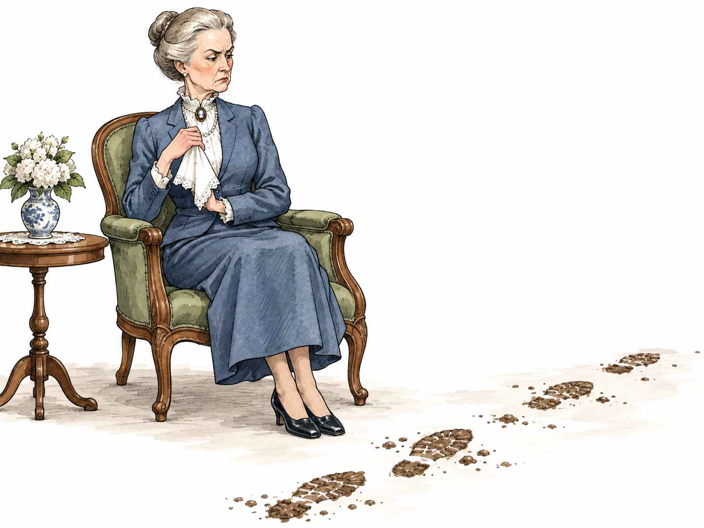 A prim older white adult sits rigidly in immaculate clothing, disapproving of muddy footprints.