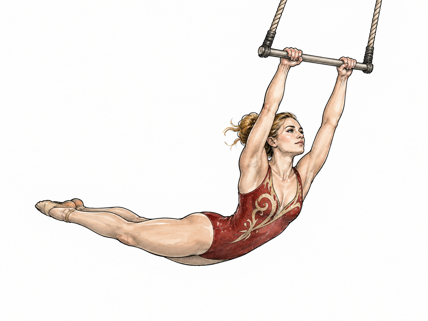 A white female acrobat safely gripping a suspended trapeze bar with both hands, ropes taut, realistic body and empty pale backdrop.