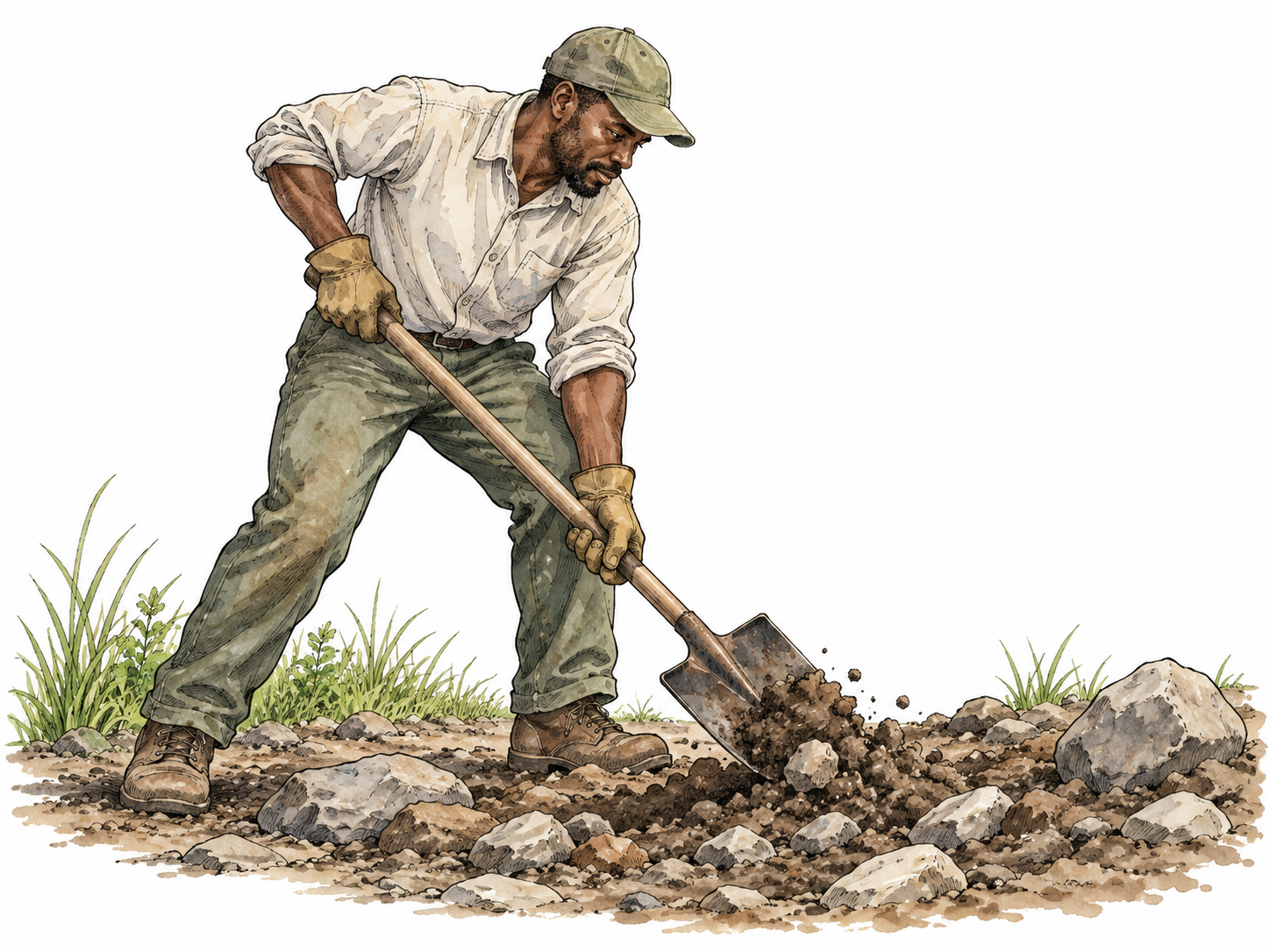 A Black gardener slowly digs through stony ground with determined sustained effort.