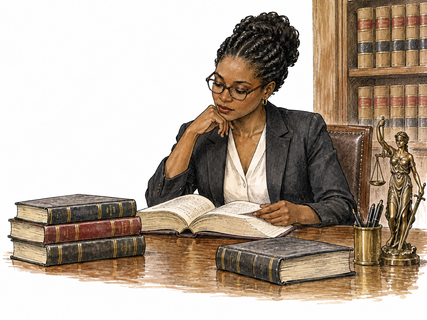 A Black woman legal scholar studies law books in chambers.
