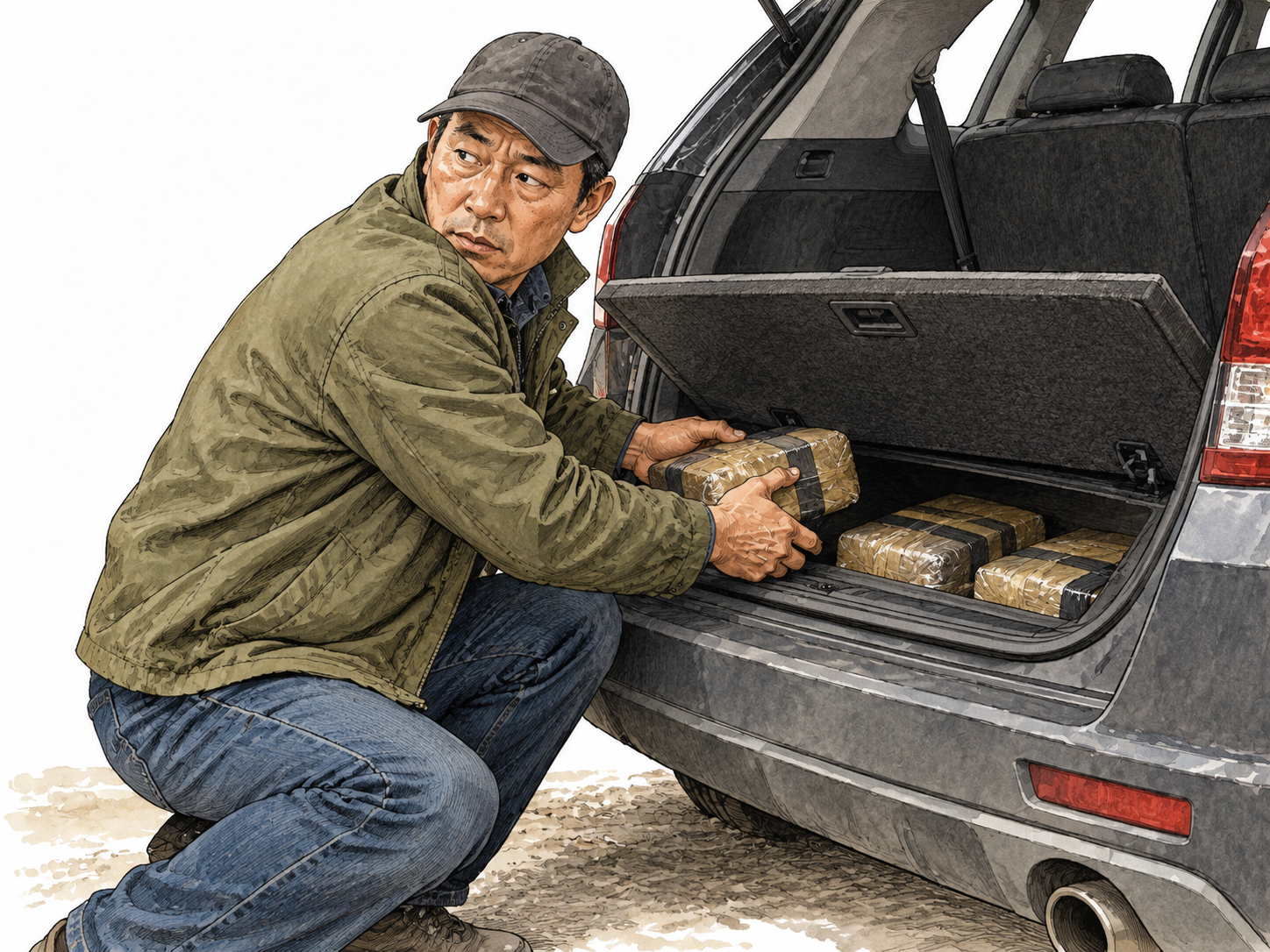 Middle-aged East Asian smuggler hides packages in vehicle compartment.