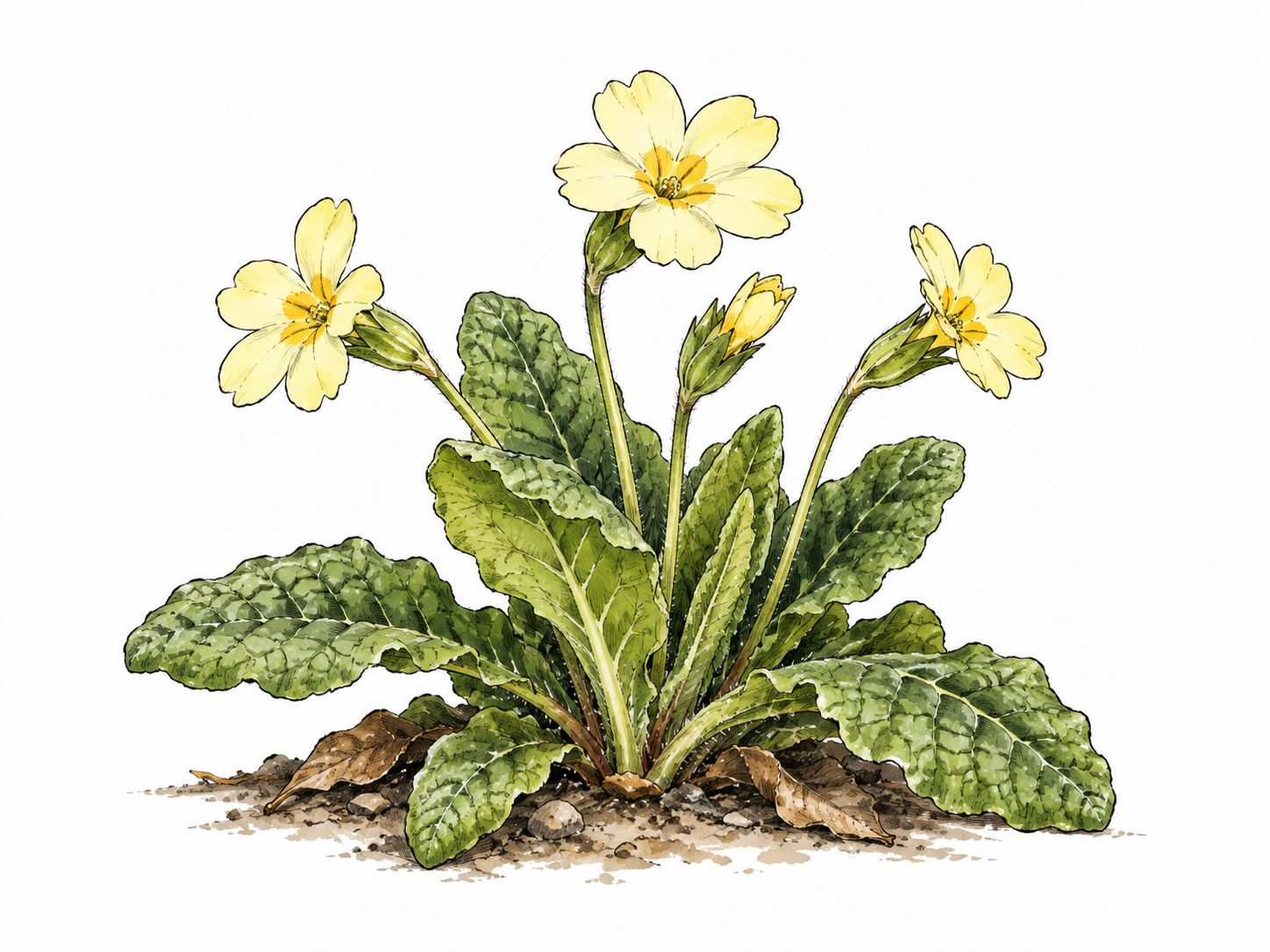 Pale yellow primrose flowers and wrinkled green leaves, botanically accurate.
