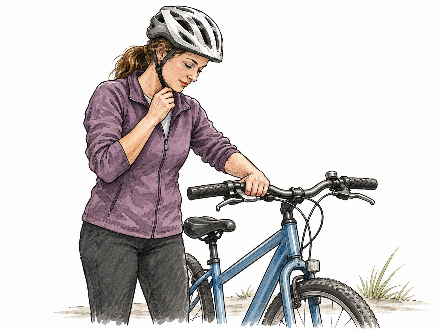 White woman puts on a bicycle helmet and checks brakes before riding.