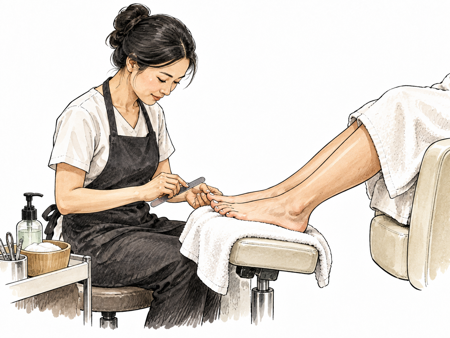 East Asian practitioner tends an adult client's toenails in a clean salon.