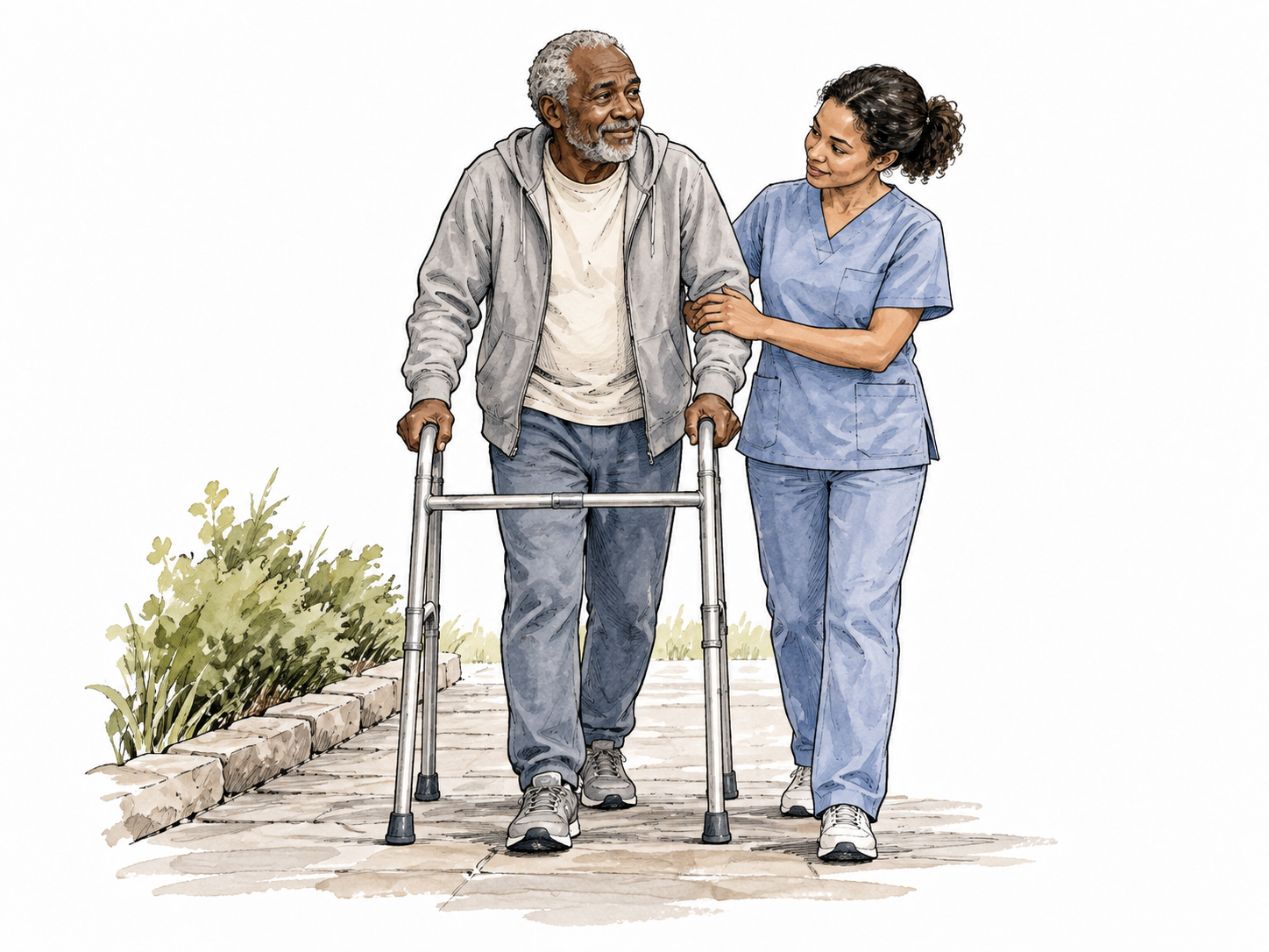 Older Black adult regains strength with a careful assisted walk.