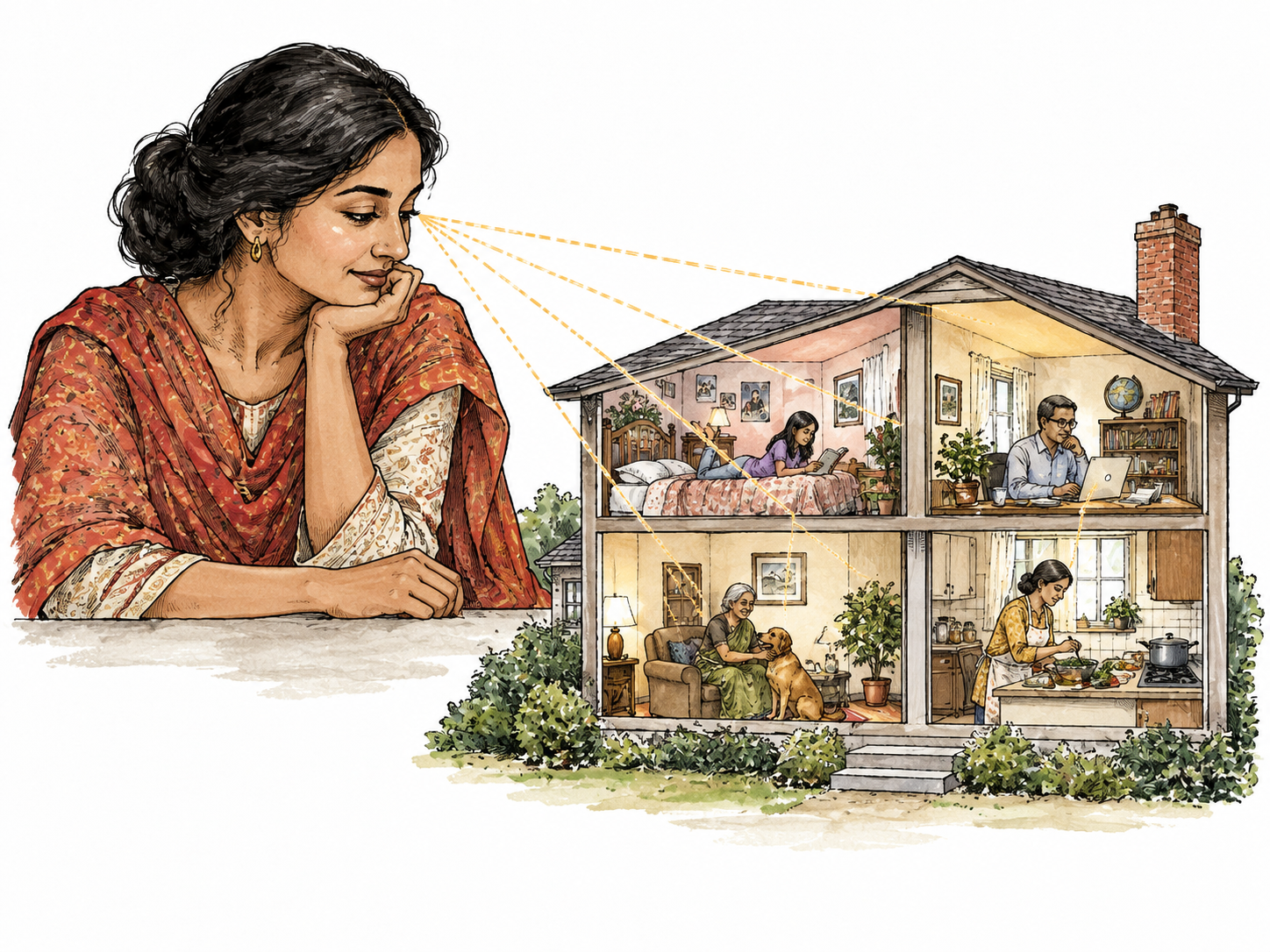 An adult narrator figure looking calmly over multiple simultaneous small scenes in a cutaway house, knowing all characters' situations, South Asian woman, no magic violence.