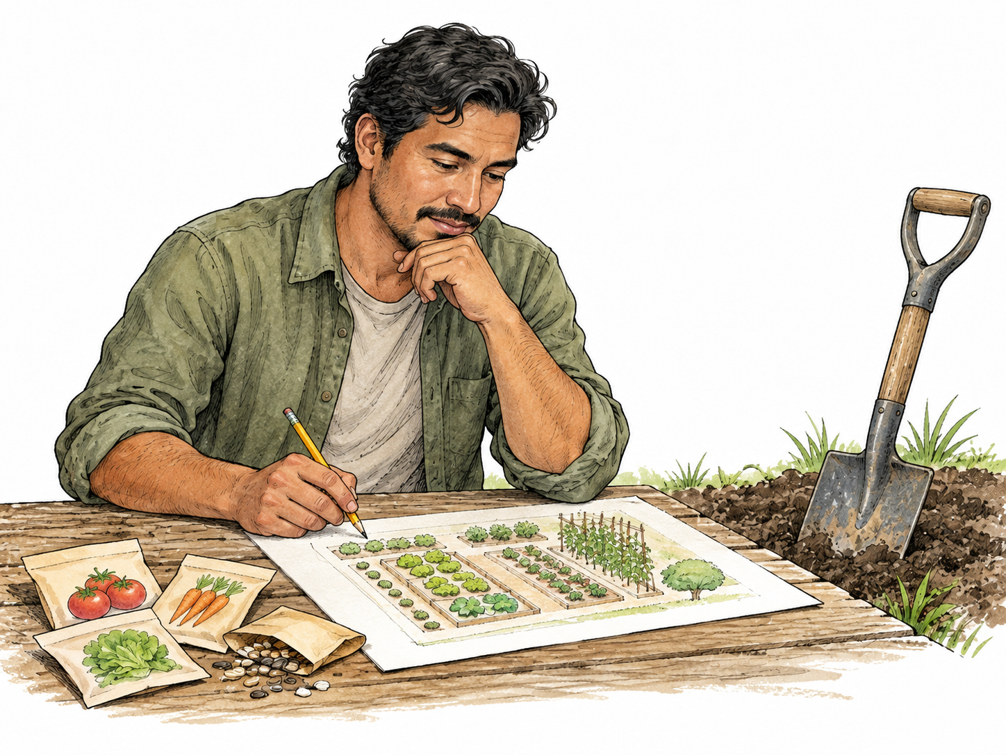A Latino man studies a garden plan beside seeds and a shovel before beginning.