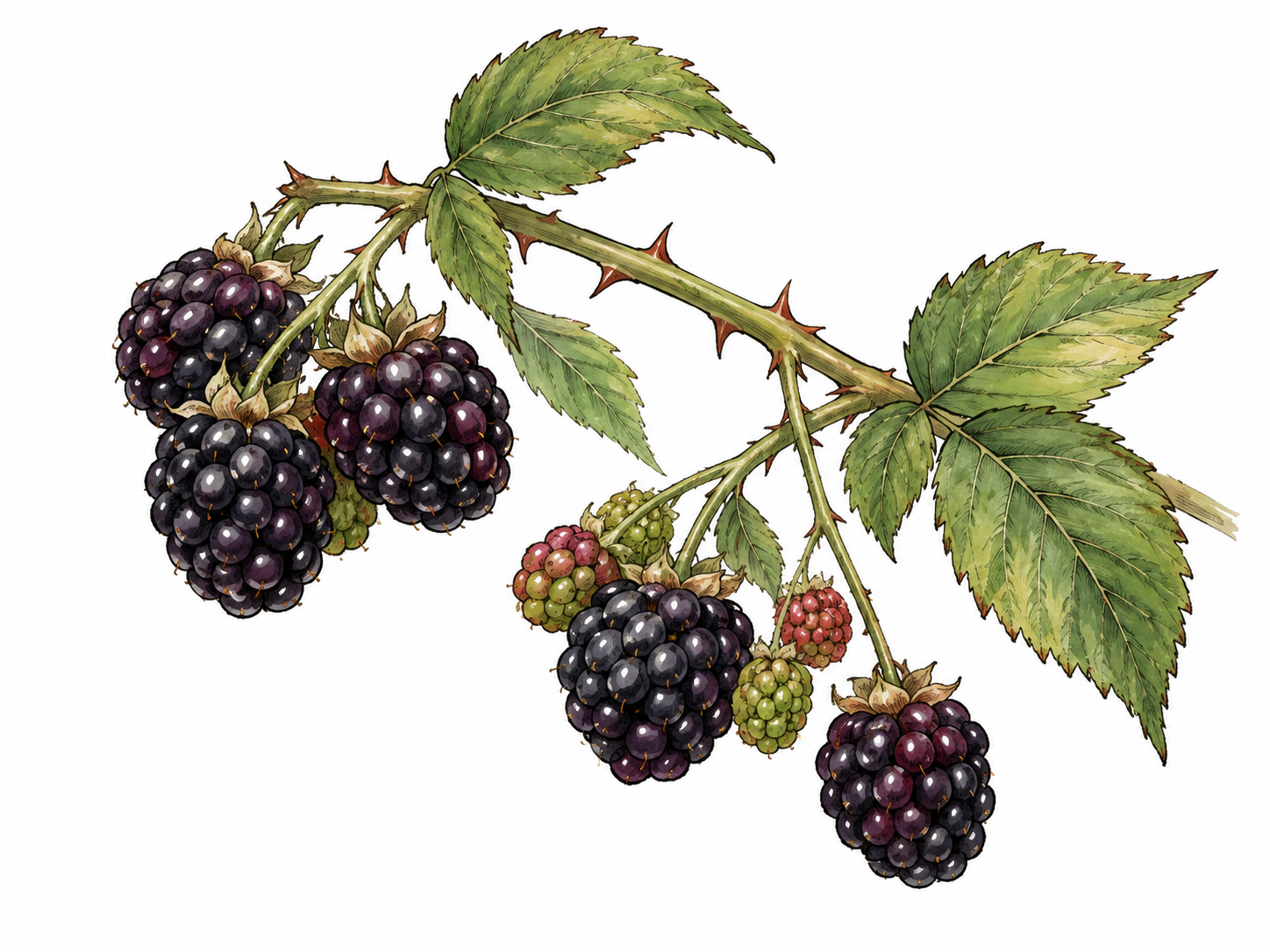 Ripe blackberries on a thorny green branch.