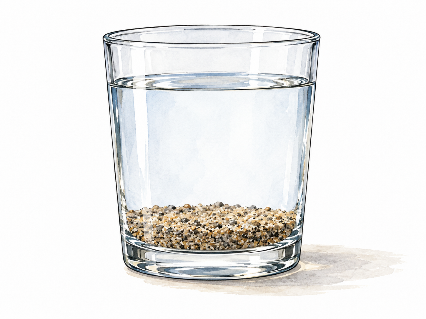 Sand grains remain settled at the bottom of a clear glass of water.