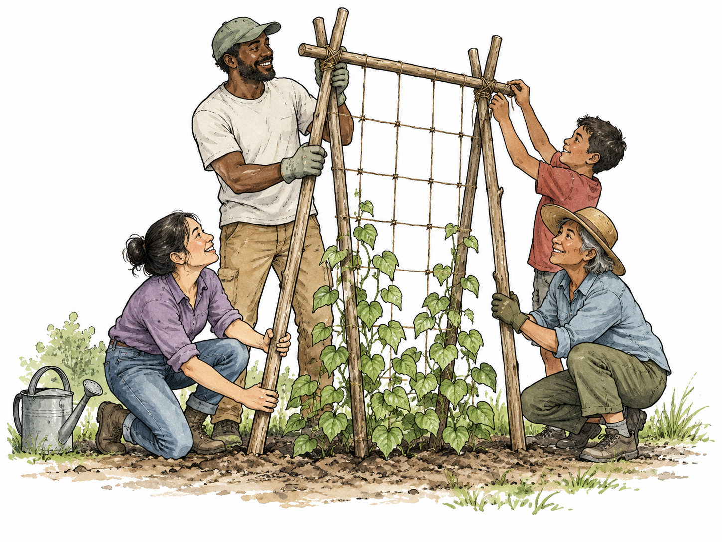 A diverse group cooperates peacefully to raise a garden trellis.