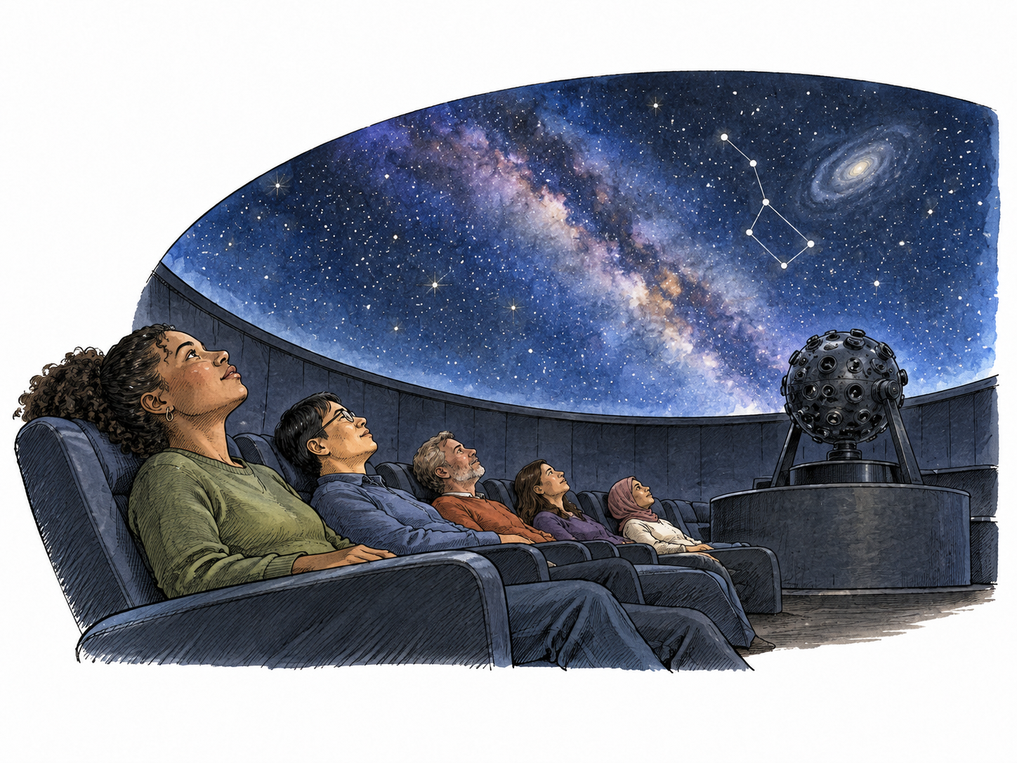Diverse adults recline beneath a planetarium dome with projected stars.