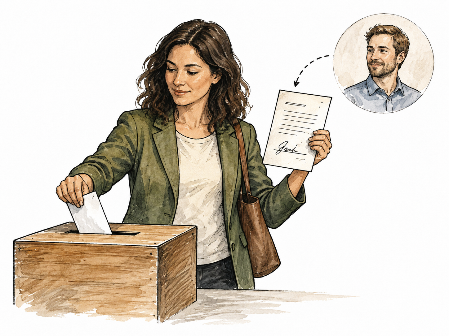 A woman casts a ballot while holding a signed authorization from an absent colleague, exact 'Proxy'.