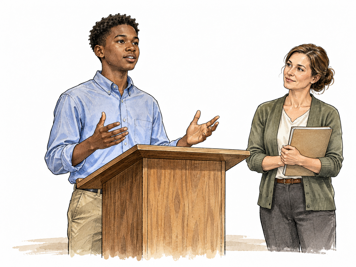 A Black teenager practices poised public speaking at a lectern with attentive teacher.