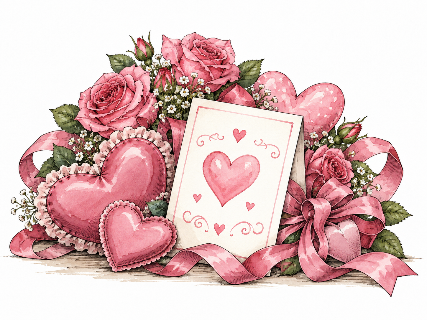 An excessively sentimental arrangement of pink hearts, roses and ribbons crowded around a greeting card with no text.