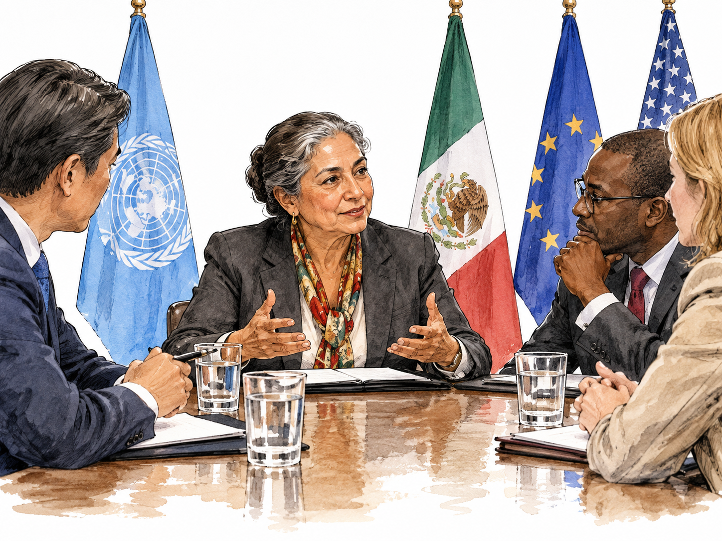 Older Latina diplomat negotiates calmly with counterparts.